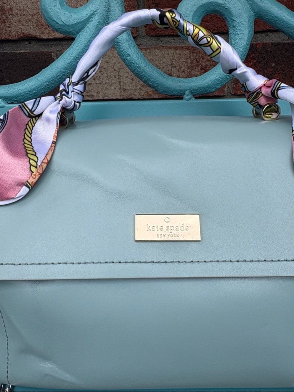 Kate Spade slate blue bag with Scarf-Wrapped Handle and silver chain crossbody. - Picture 3 of 13